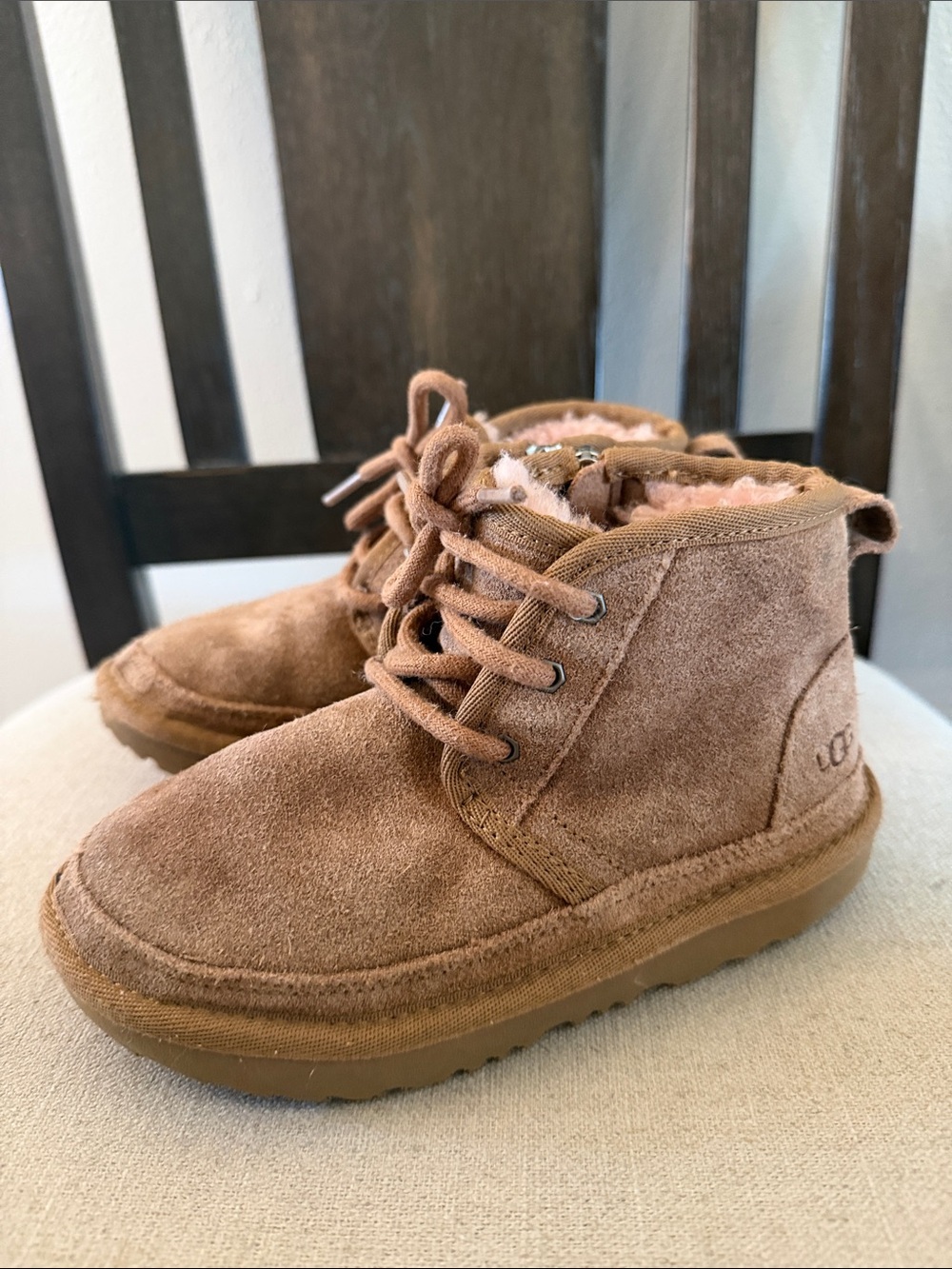 UGG Kids Toddler Neumel II Suede Lace-Up Shearling Side Zip Boots Tan Size 12